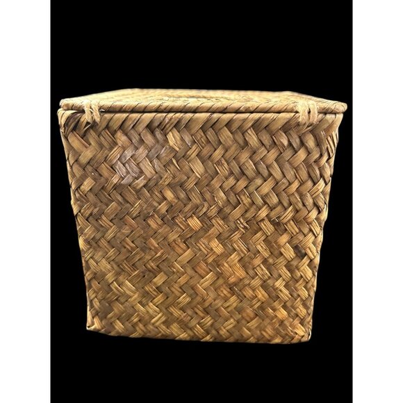 Vintage Natural Woven Wicker Rattan Hinged CoverTissue Box Holder Square BOHO - Picture 3 of 11